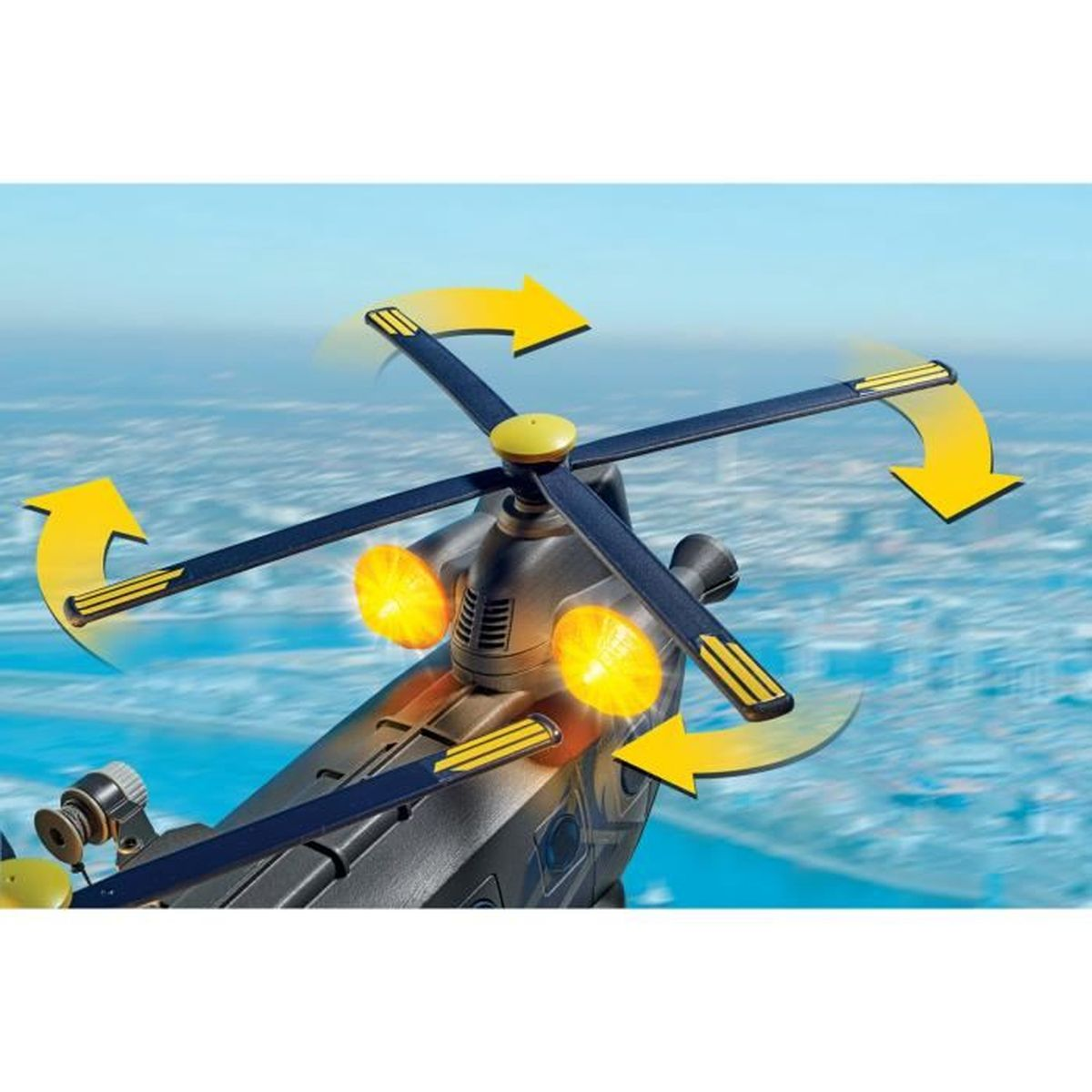 Ein Spielzeug-Hubschrauber mit sich drehenden Rotorblättern. Gelbe Pfeile zeigen die Drehrichtung an. Der Hubschrauber hat Lichter und einen blauen Hintergrund.