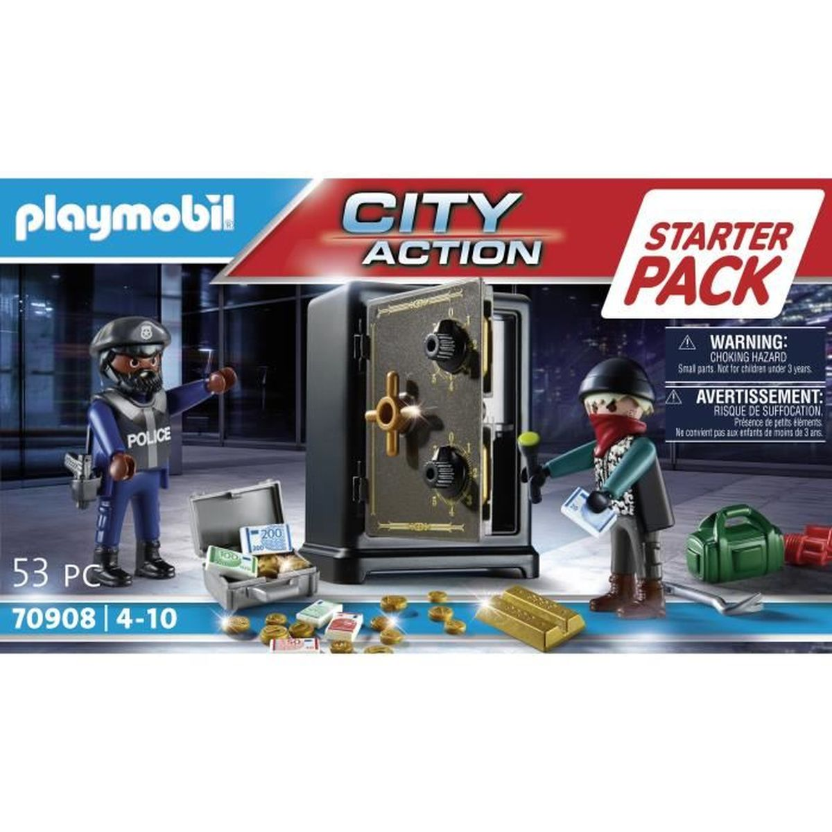 Playmobil City Action zestaw startowy. Policjant i złodziej z sejfem, pieniędzmi, sztabkami złota. Ostrzeżenia.