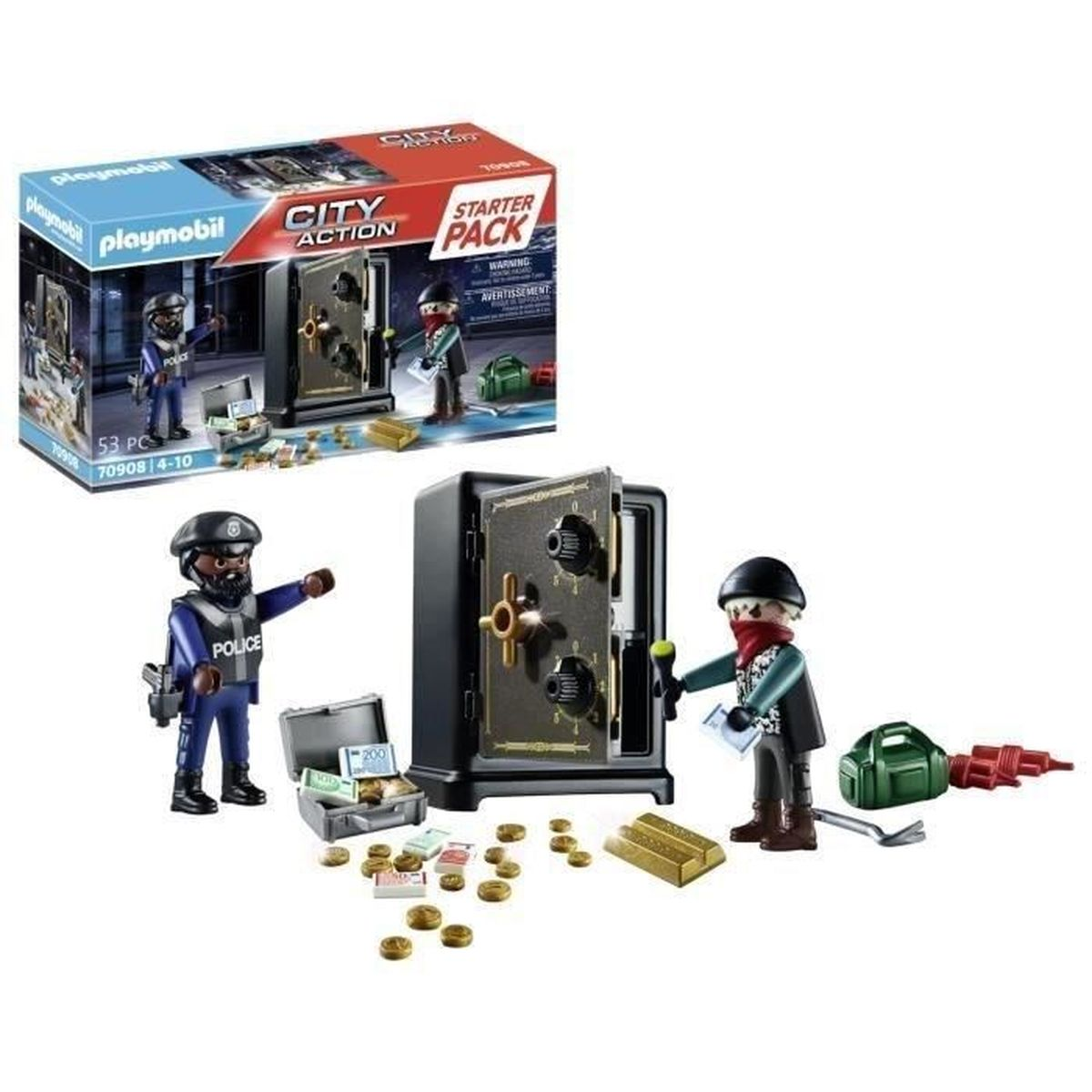 Zestaw Playmobil City Action: Policjant, złodziej, sejf, pieniądze, sztabki złota i narzędzia. Pudełko przedstawia scenę.