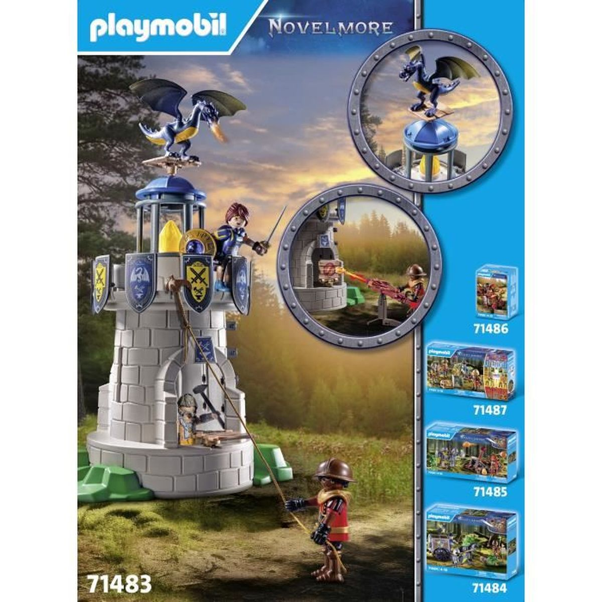 Ensemble Playmobil Novelmore. Un château avec un dragon dessus, des chevaliers et un soldat visant une arme.