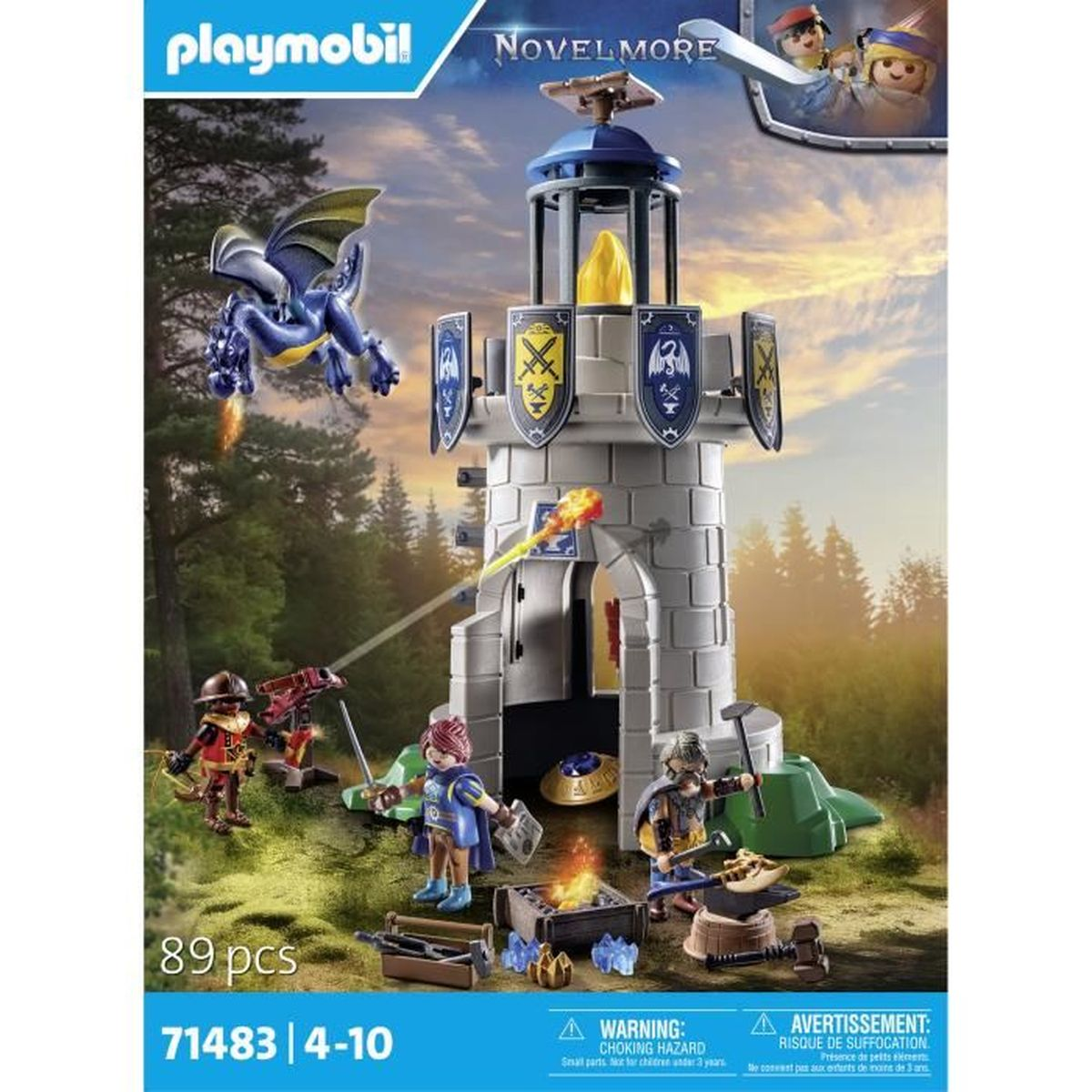 Ensemble Playmobil Novelmore avec un château, des figurines et un dragon. Comprend des avertissements de risque d'étouffement pour enfants.