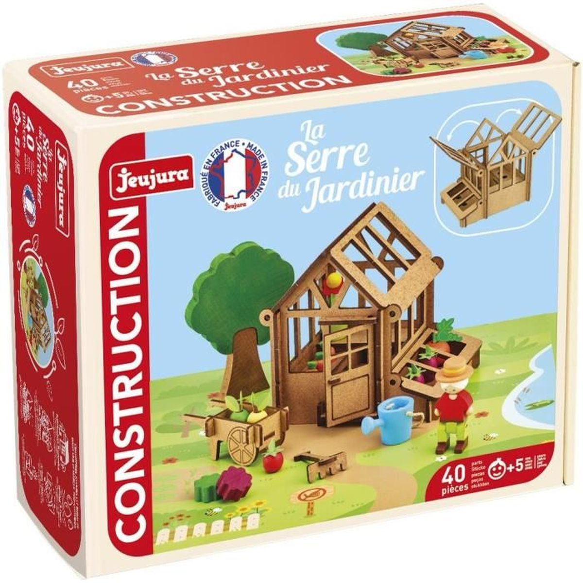 Scatola di un set di costruzione di serre in legno. Presenta un modello di serra, un giardiniere e attrezzi da giardino.