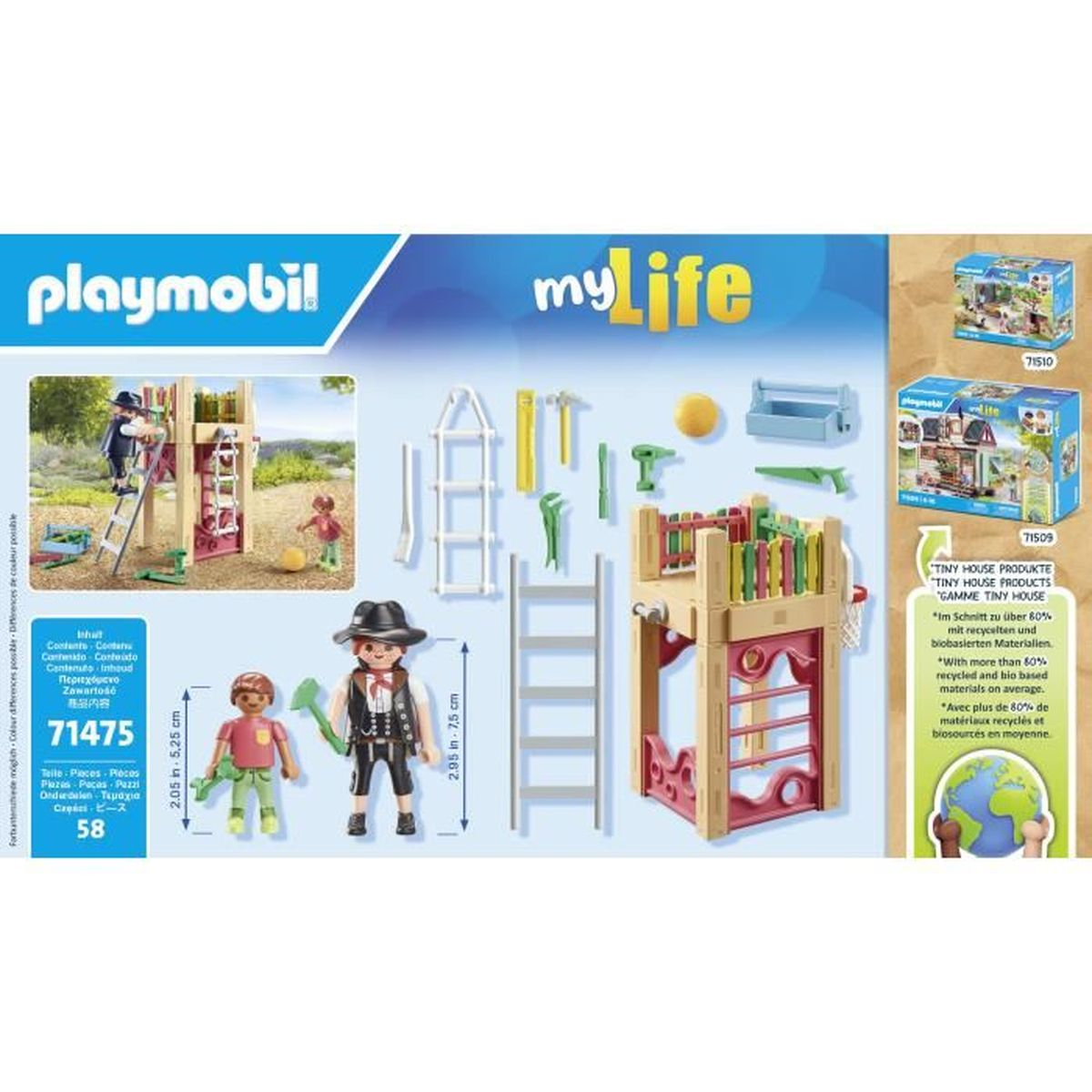 Zestaw Playmobil myLife: figurki, narzędzia i mały domek. Zawiera pudełko z zestawem i tekst 'TINY HOUSE PRODUCTS'.