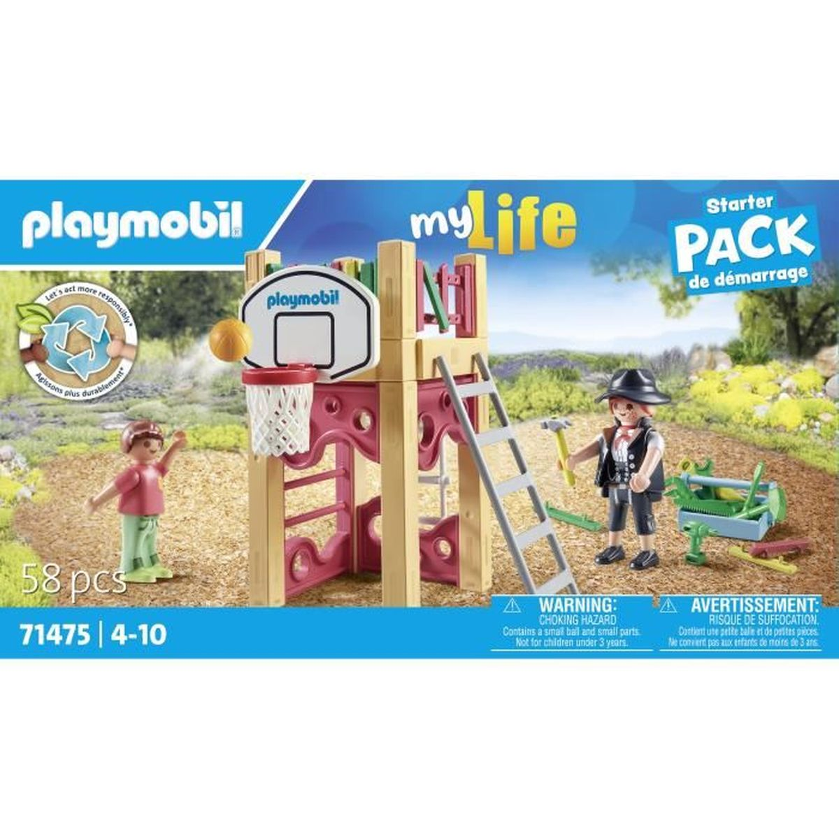 Playmobil My Life zestaw startowy. Zawiera kosz do koszykówki, figurki i akcesoria. Zestaw jest nowy. Ostrzeżenie o niebezpieczeństwie uduszenia.