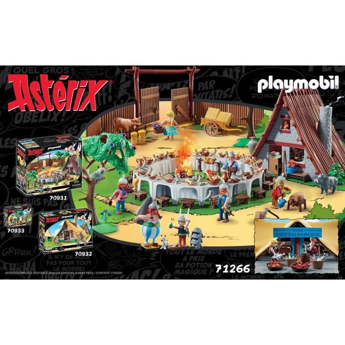Playmobil Asterix-Set. Eine Dorffestszene mit Figuren, Essen und einer Hütte. Enthält Produktboxen.