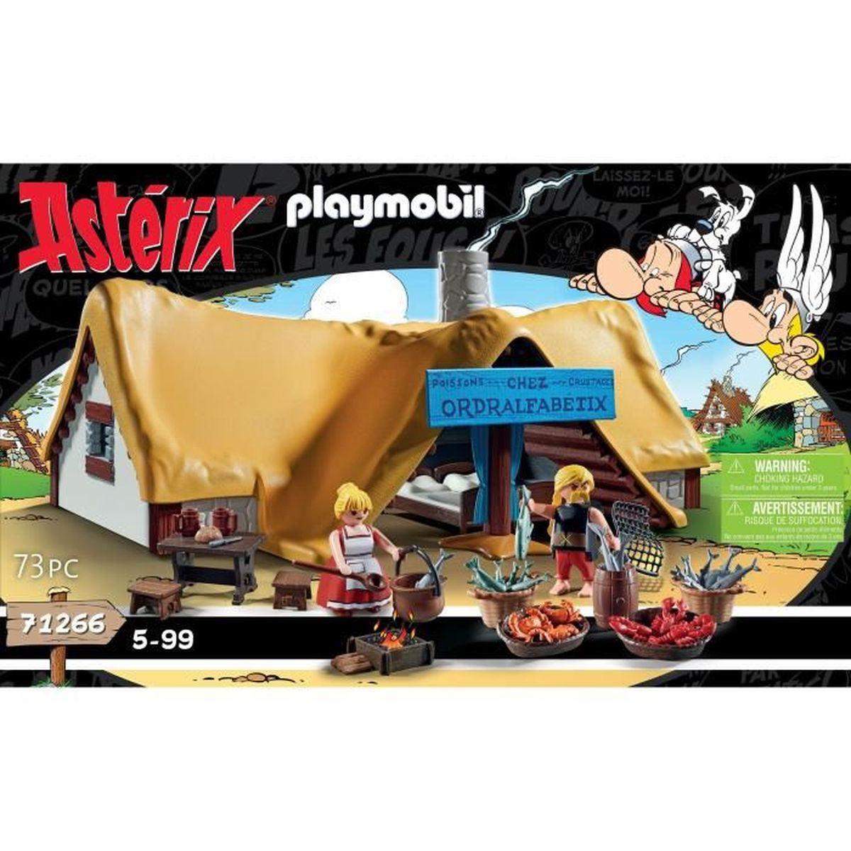 Playmobil Asterix Set. Eine Hütte mit Figuren, Essen und Beschilderung. Figuren sind über der Hütte abgebildet. Warnhinweis vorhanden.