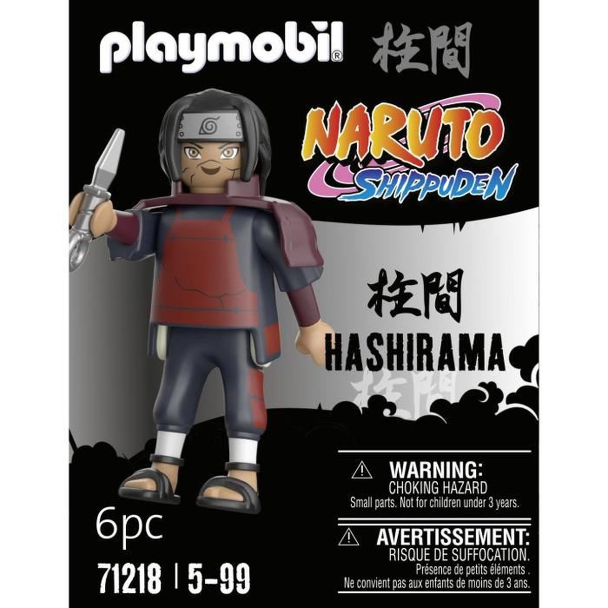 Figurka Playmobil Hashiramy z Naruto, trzymająca broń. Opakowanie zawiera ostrzeżenia i logo Naruto Shippuden.