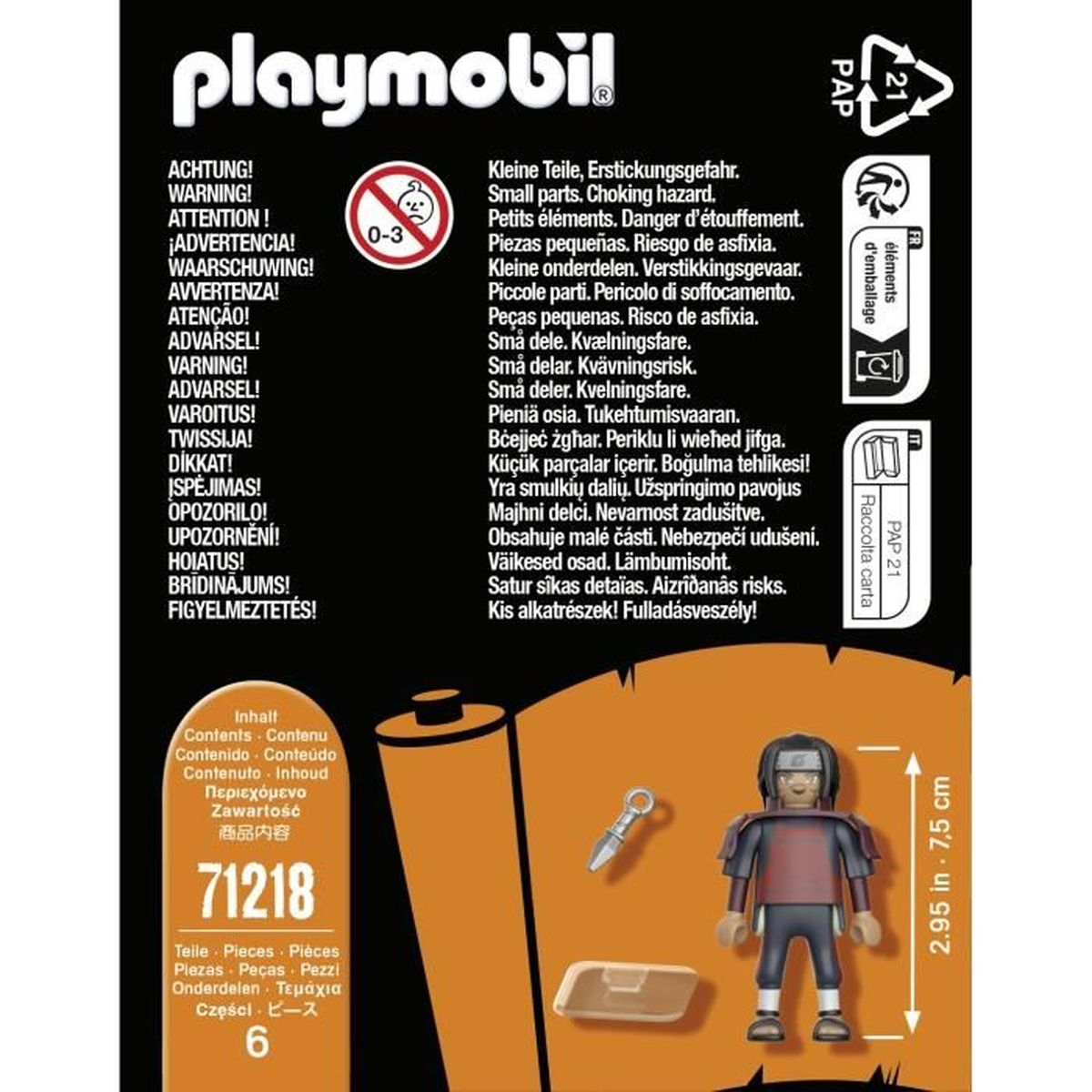 Pudełko Playmobil z figurką Naruto, ostrzeżeniem o małych częściach i szczegółami produktu. Wymiary: 2,95 cala x 7,5 cm.
