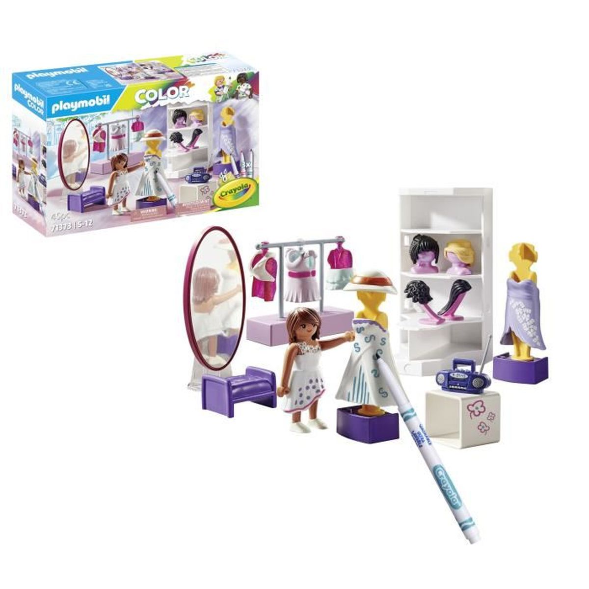Ein Playmobil-Modenset mit Figuren, Kleiderständer, Spiegel und einem Crayola-Marker. Oben links ist eine Box.