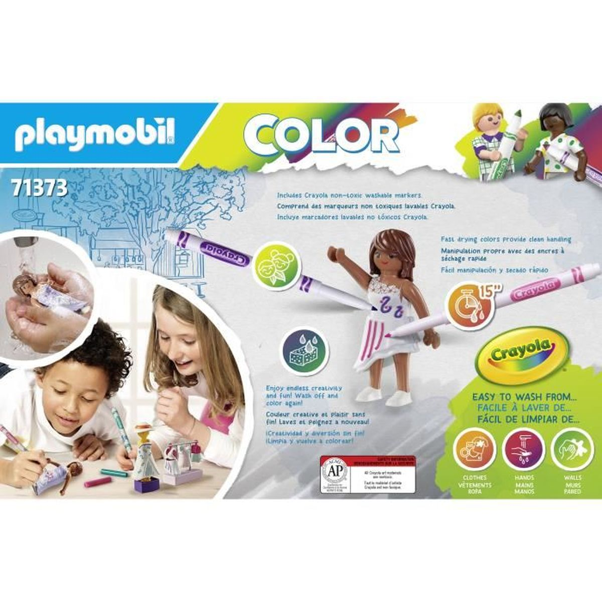 Playmobil-Box mit Kindern, Figuren und Crayola-Markern. Es werden abwaschbare Marker und einfache Reinigung hervorgehoben.