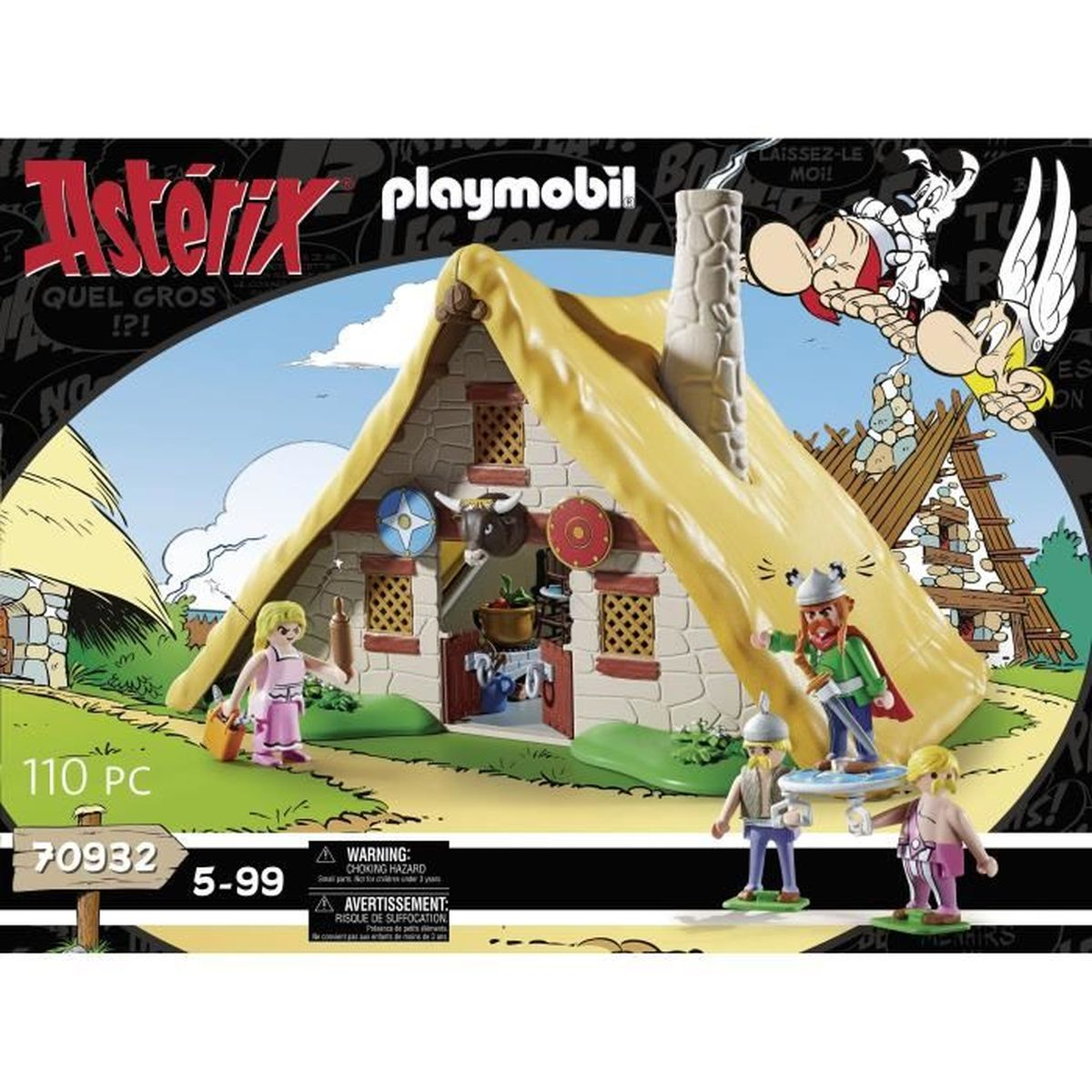 Playmobil Asterix Set. Eine Hütte mit Figuren, Asterix und Obelix fliegen oben. Figuren von Dorfbewohnern unten.
