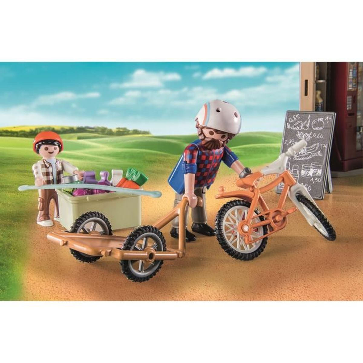Zwei Figuren mit einem Wagen und einem orangefarbenen Fahrrad. Eine Figur zieht den Wagen mit Gemüse, die andere hält das Fahrrad. Im Hintergrund steht ein Schild.