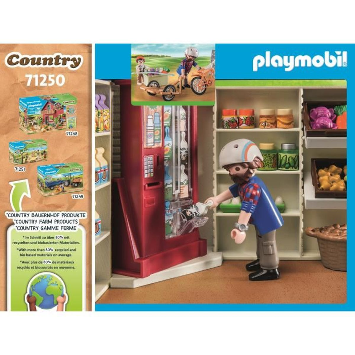Playmobil-Szene mit einer Figur in der Nähe eines Automaten, Regalen mit Produkten und einem Motorrad oben. Country-Produkte werden beworben.