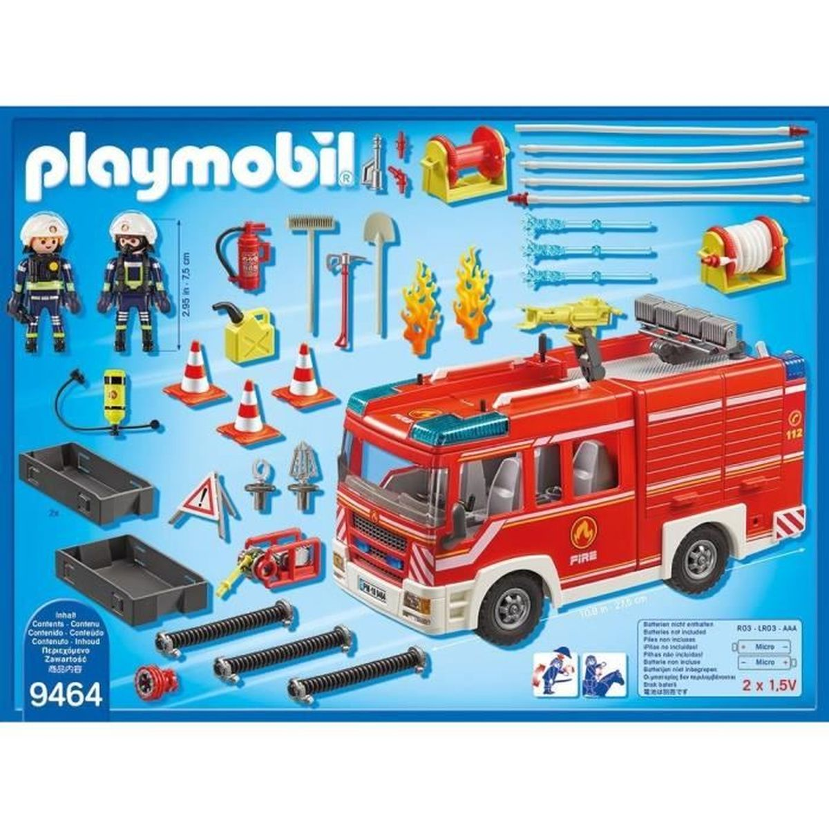 Zestaw Playmobil z wozem strażackim. Zawiera czerwony wóz strażacki, figurki strażaków i akcesoria.