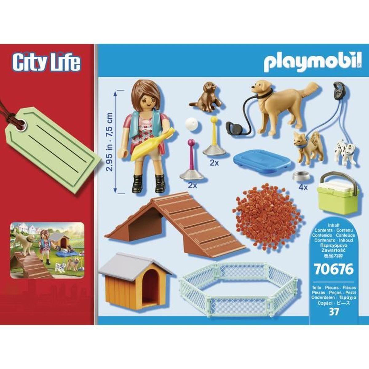 Zestaw Playmobil City Life. Zawiera figurki, psy, akcesoria i budę. Przedstawia dziewczynkę, zabawki dla psów i płot.