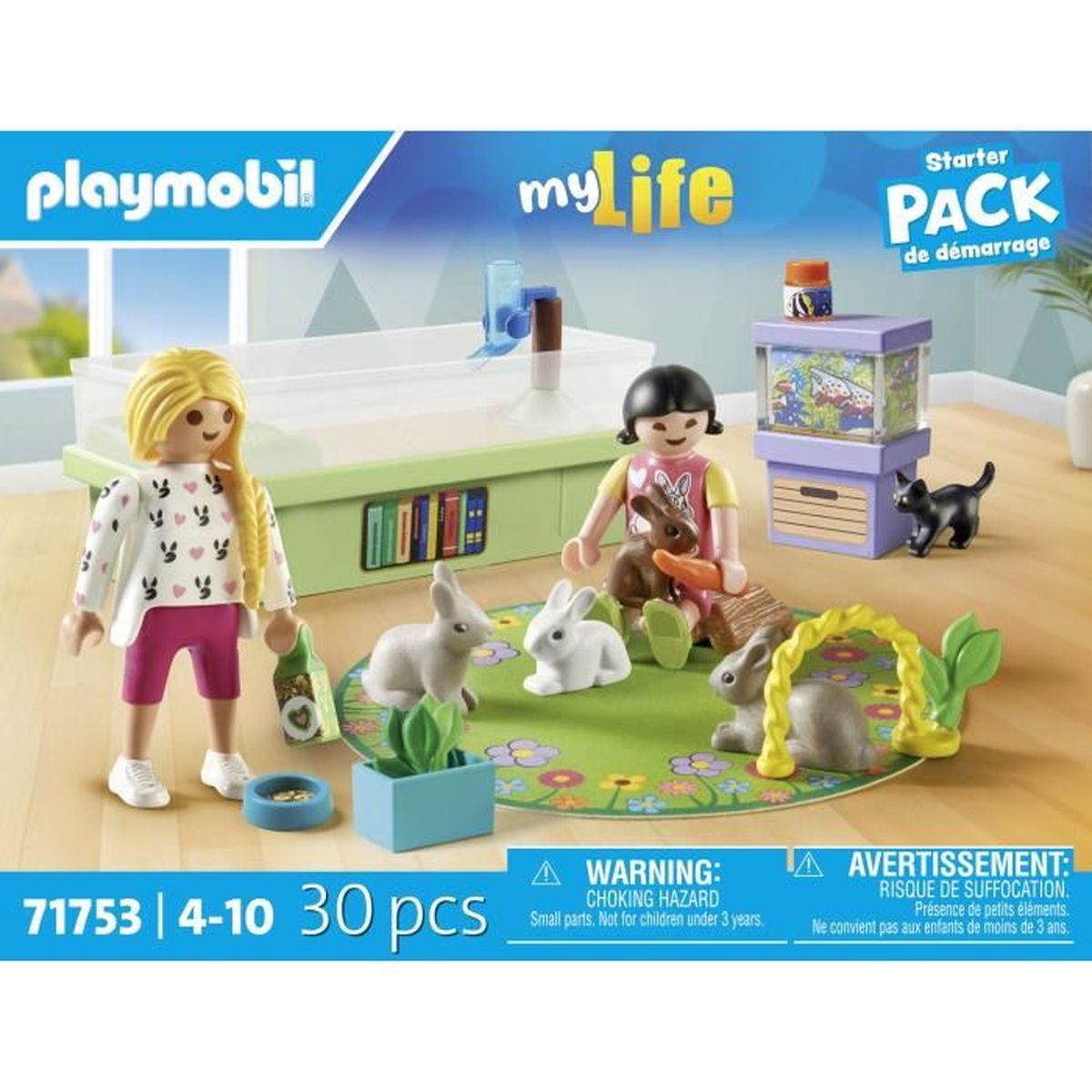 Zestaw Playmobil z figurkami, królikami i akcesoriami. Zawiera dwoje dzieci z królikami, kota i akwarium.
