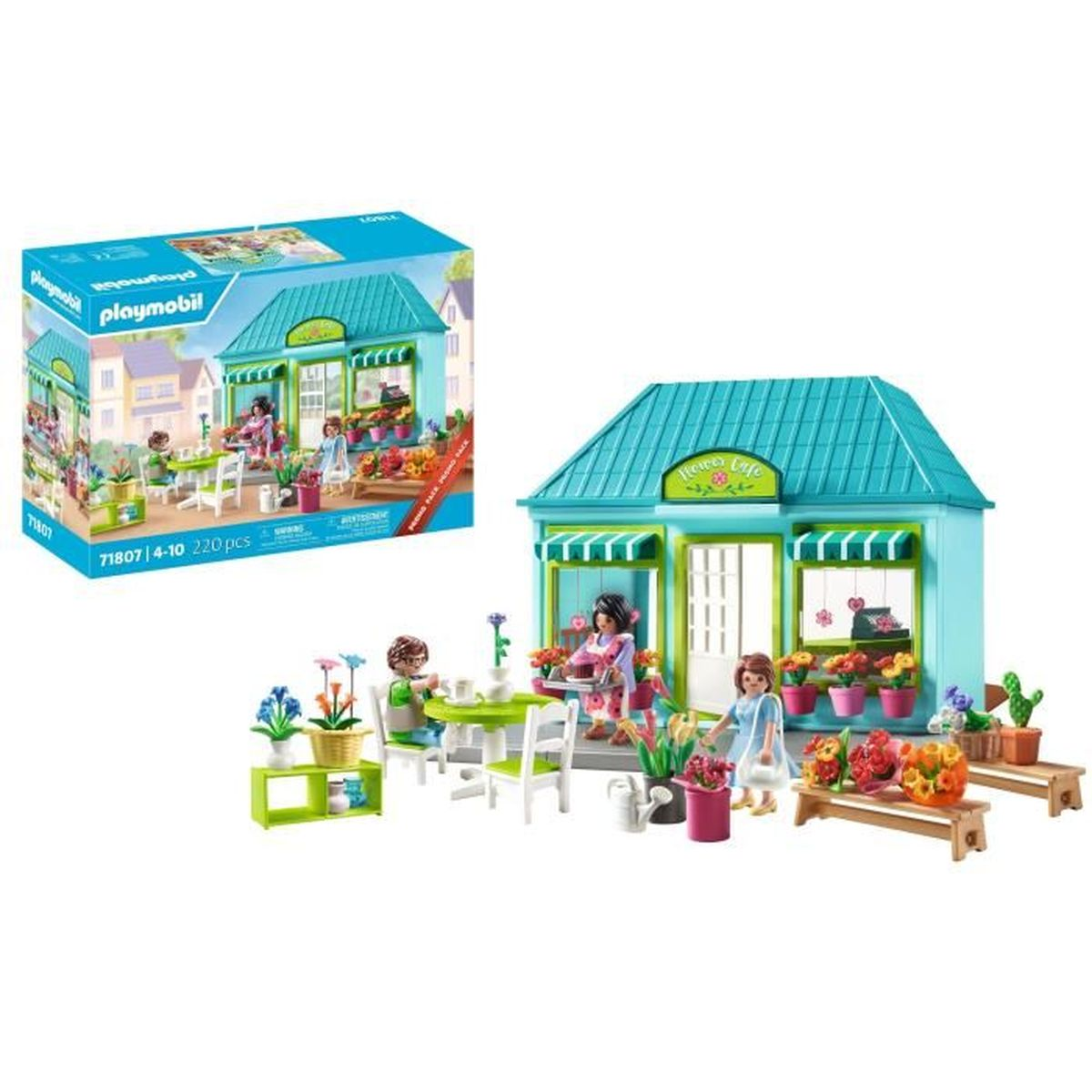Zestaw Playmobil kwiaciarni. Zawiera sklep, figurki, stoły, krzesła, kwiaty i pudełko ze sklepem.