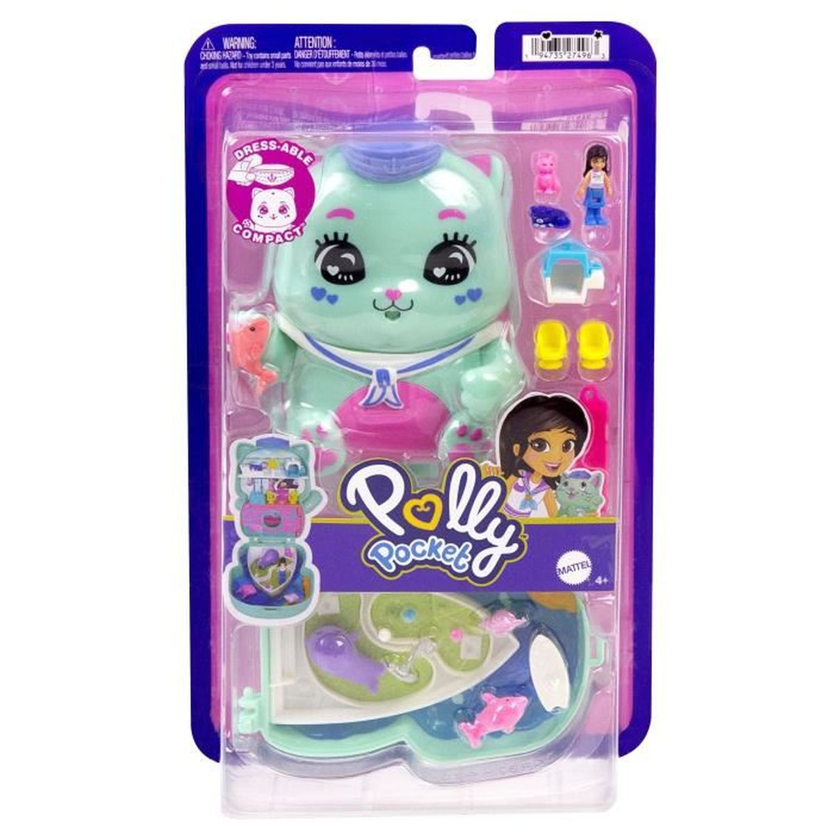 Een Polly Pocket speelgoed in de vorm van een kat, mintgroen. Bevat kleine figuren, accessoires en een compact speelgedeelte met vistenthema.