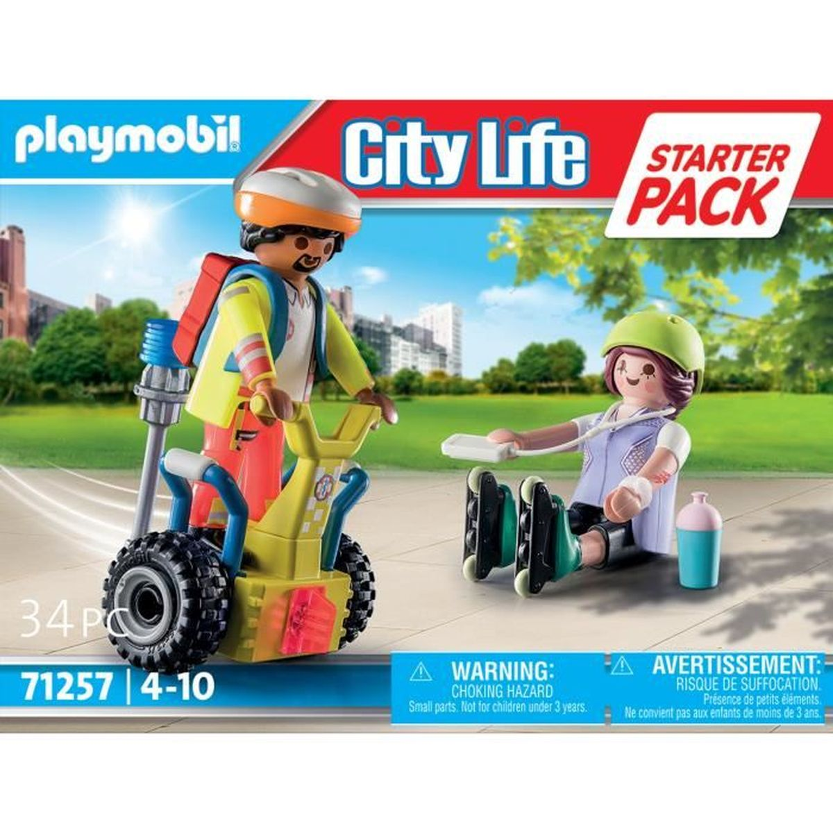 Playmobil City Life Set. Eine Figur auf einem gelben Fahrrad, eine andere auf Rollschuhen, eine Flasche. Warnung: Erstickungsgefahr, Kleinteile.