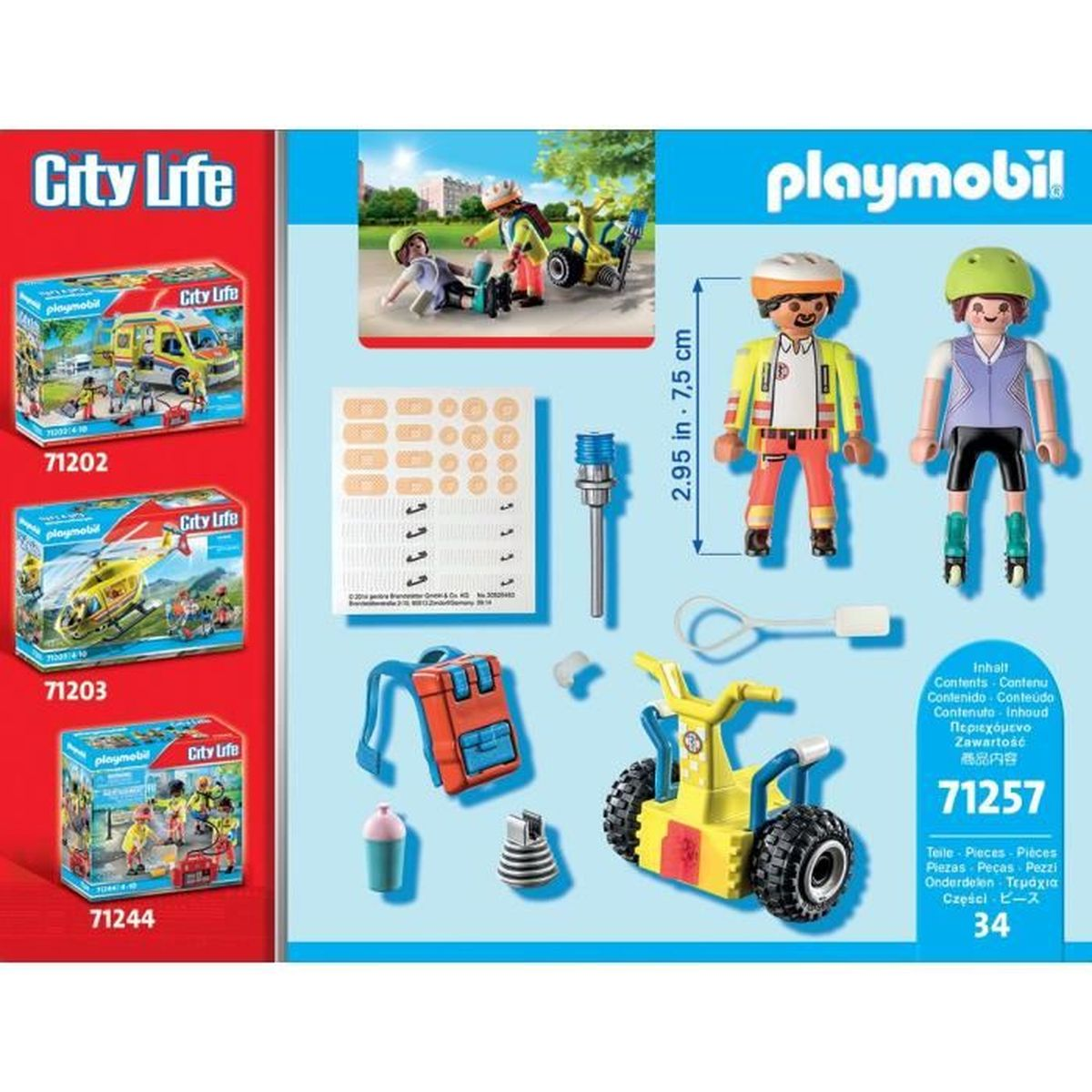 Playmobil-Set mit Figuren, einem Roller, einem Rucksack und Zubehör. Kartons mit anderen Playmobil-Sets sind ebenfalls abgebildet.