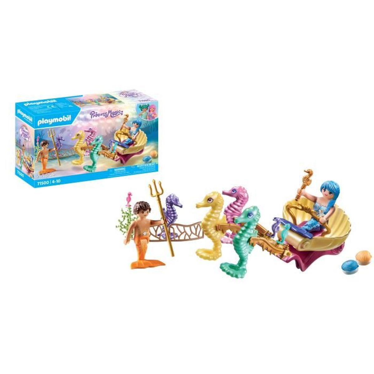 Playmobil-Set mit Meerjungfrauenfiguren, Seepferdchen und einer Muschelwagen. Eine Box befindet sich im Hintergrund.