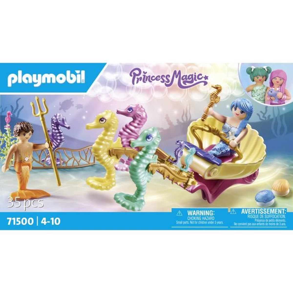 Playmobil-Set: Meerjungfrau-Figuren, Seepferdchen und eine Muschelwagen. Enthält Warnungen vor Kleinteilen und Erstickungsgefahr.