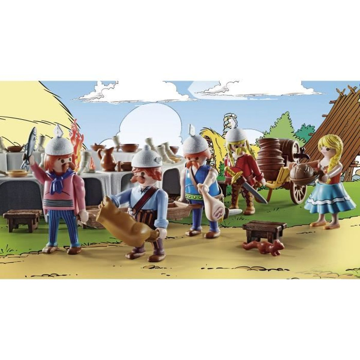 Spielzeug-Wikingerfiguren bereiten ein Fest vor. Es gibt Figuren, einen Wagen mit Fässern, einen Tisch mit Essen und eine Frau, die eine Schüssel trägt.