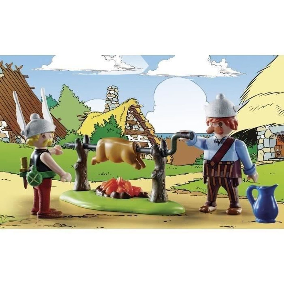 Zwei Figuren braten ein Schwein über einem Feuer. Eine Figur hält einen Griff, die andere steht daneben. Eine blaue Kanne steht am Boden.