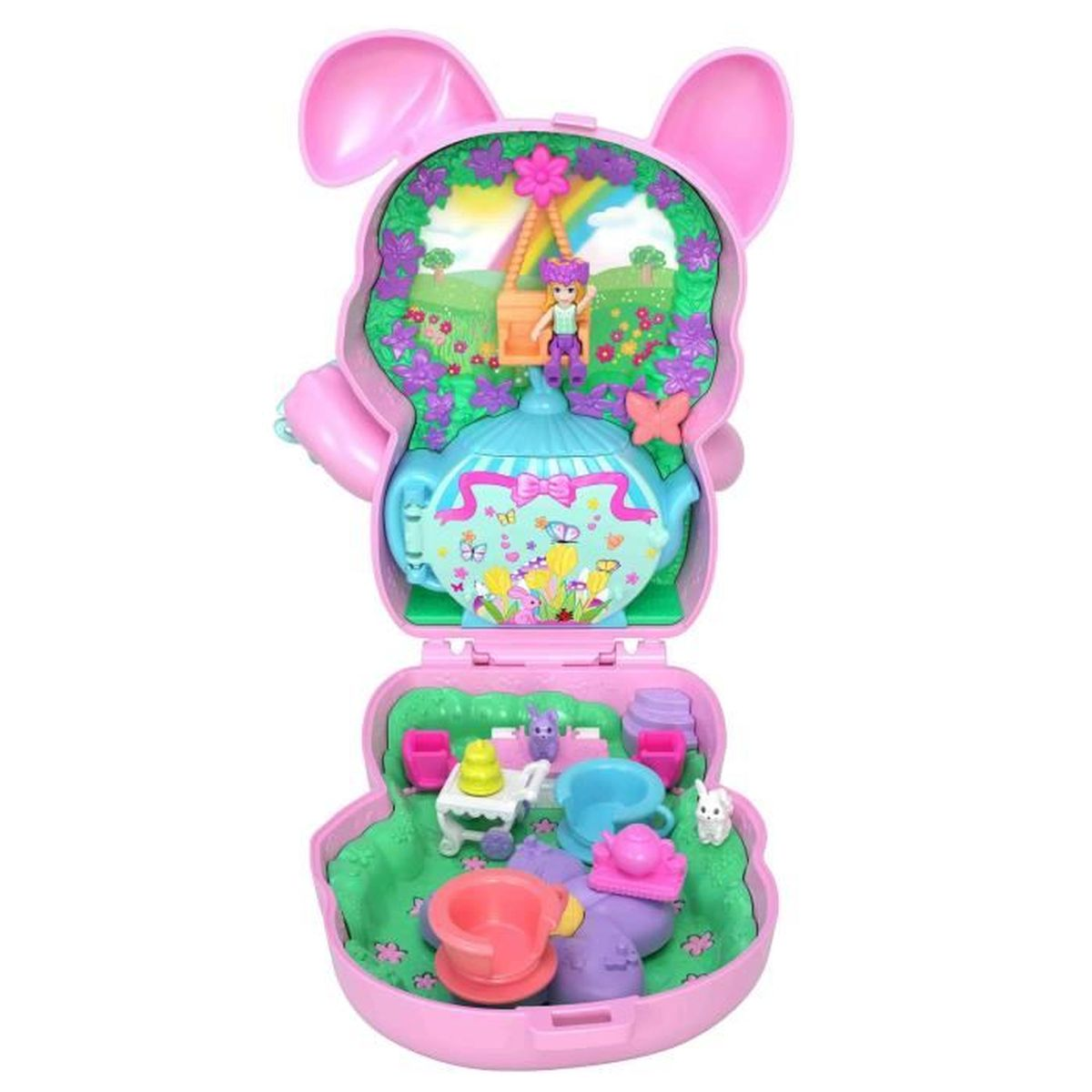 Rosa, hasenförmiges Spielzeug mit einer Miniatur-Teeparty-Szene im Inneren. Enthält ein Mädchen auf einer Schaukel, eine Teekanne und kleine Tassen und Leckereien.