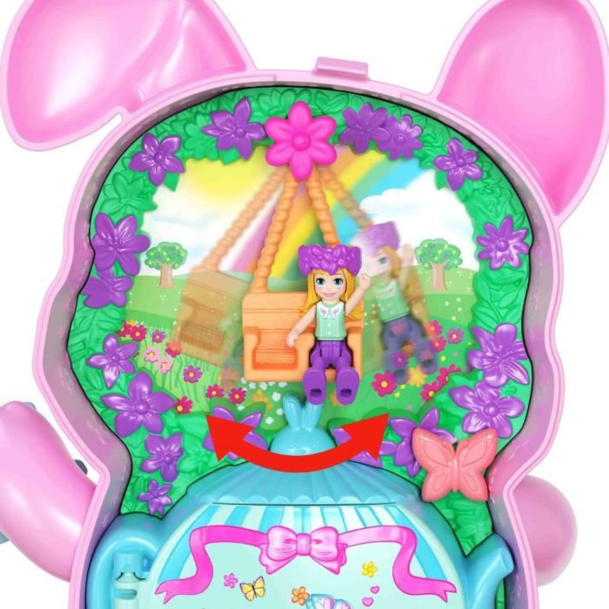 Ein rosa, hasenförmiges Spielzeug mit einem Mädchen auf einer Schaukel. Blumen, ein Regenbogen und ein Schmetterling schmücken die Szene.