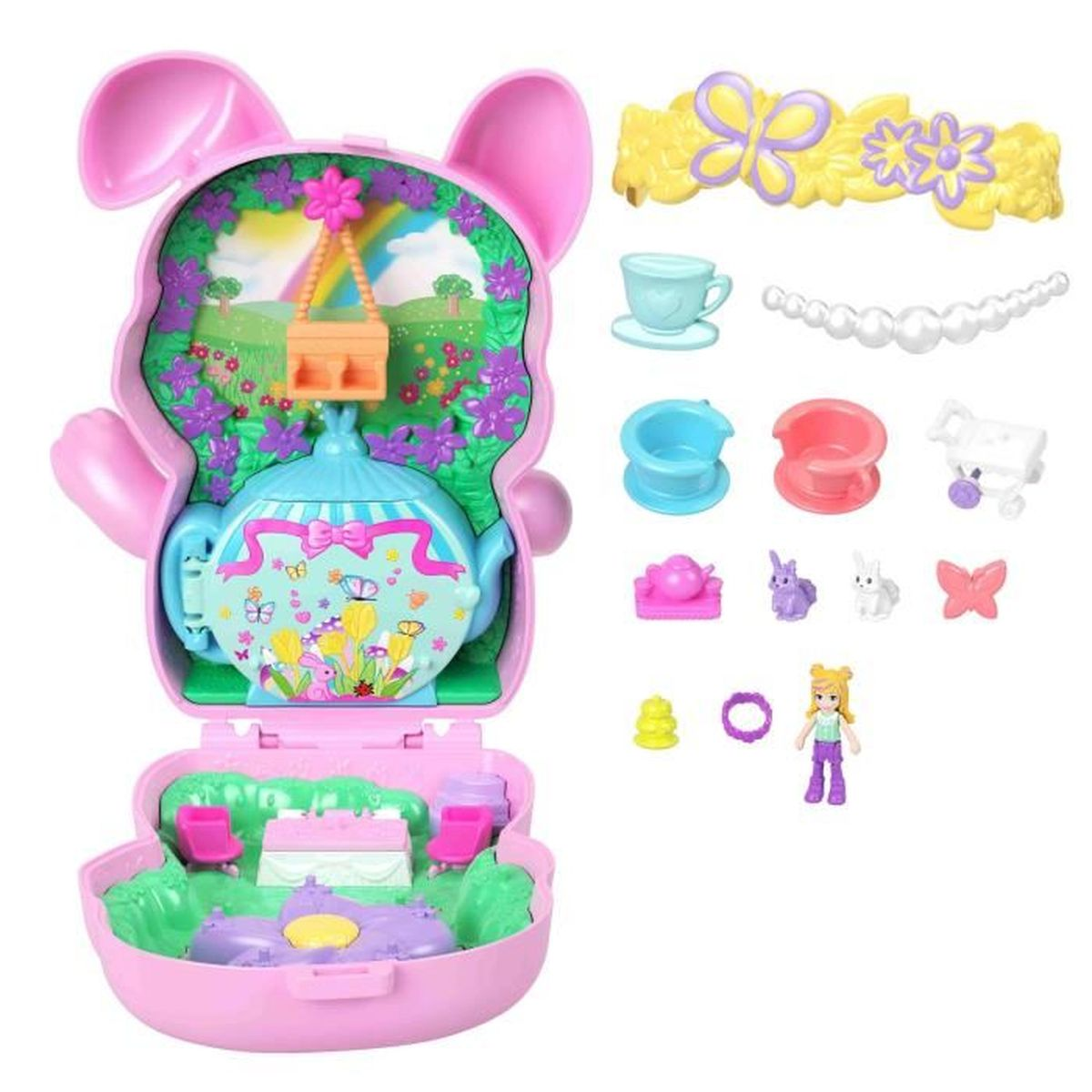 Ein rosa, hasenförmiges Spielset mit einer Gartenszene. Enthält Zubehör wie Tassen, Stühle und eine Puppe. Ein bezauberndes Spielzeug.