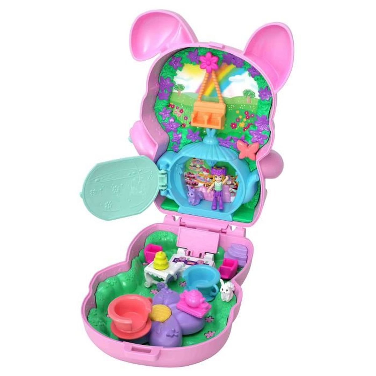 Ein rosa, hasenförmiges Spielset, geöffnet, um eine Teeparty-Szene mit Figuren, Tischen und einer Teekanne mit Miniaturlandschaft zu zeigen.