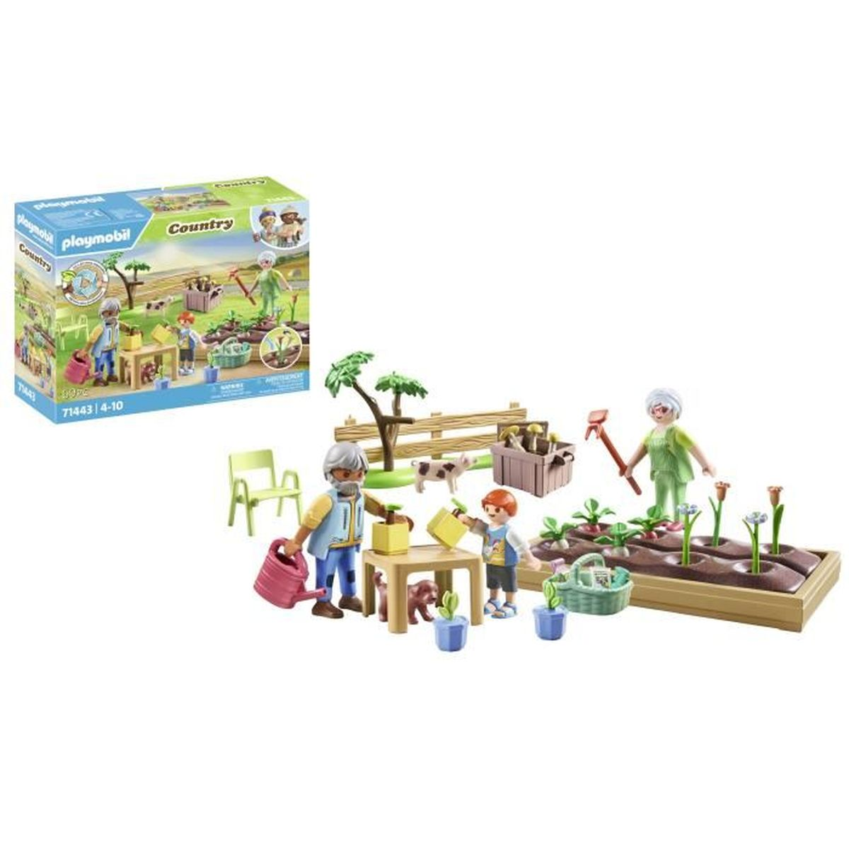 Set Playmobil Country. Figure di contadini, un bambino e animali. Giardino con piante, attrezzi e una staccionata di legno. Una scatola sullo sfondo.