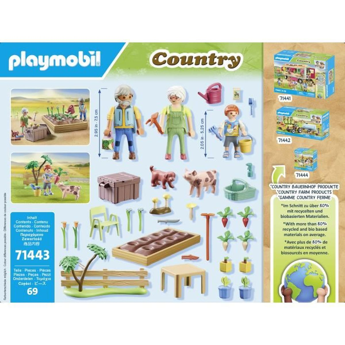 Set Playmobil Country con personaggi, animali e accessori agricoli su sfondo bianco.