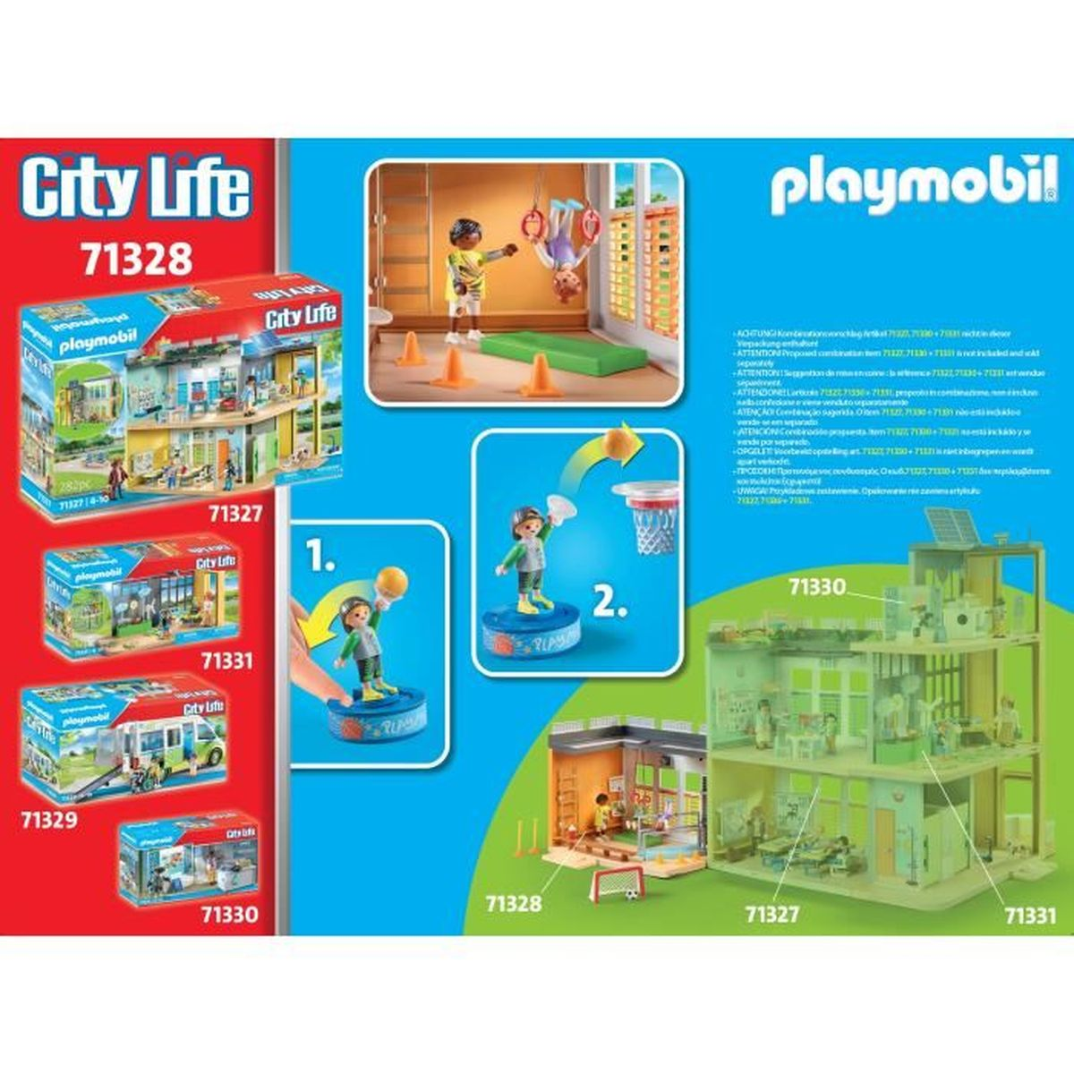 Playmobil City Life Spielzeugset. Enthält Bilder von Gebäuden, Figuren und Boxen.