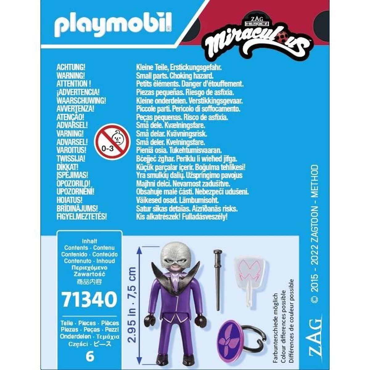 Playmobil-Box mit Miraculous-Figur und Zubehör. Warnhinweise sind aufgeführt. Die Figur ist lila.
