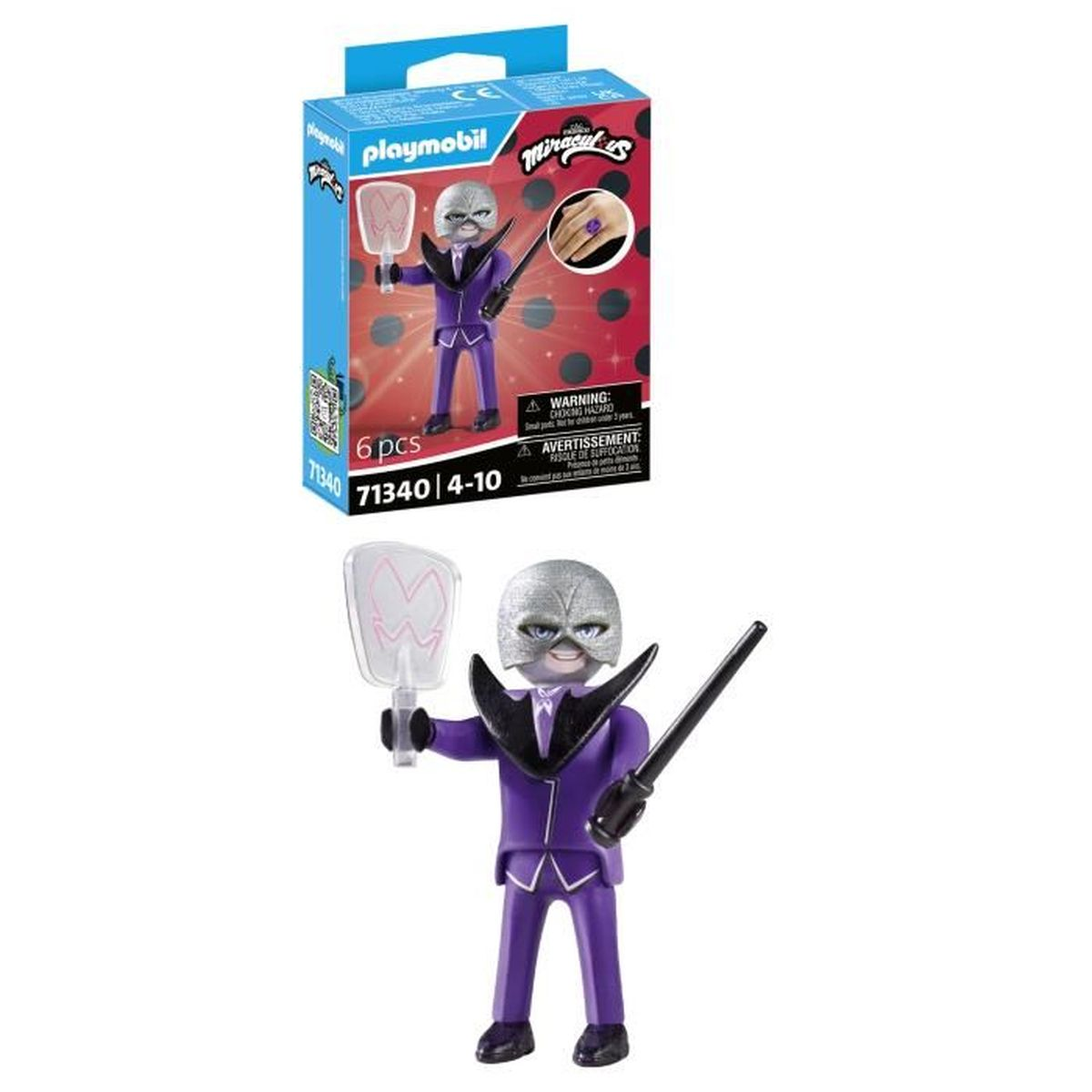 Playmobil-Spielfigur einer Figur in lila Anzug, die einen Stab und einen Fächer hält. Im Hintergrund befindet sich eine Schachtel mit der Figur.