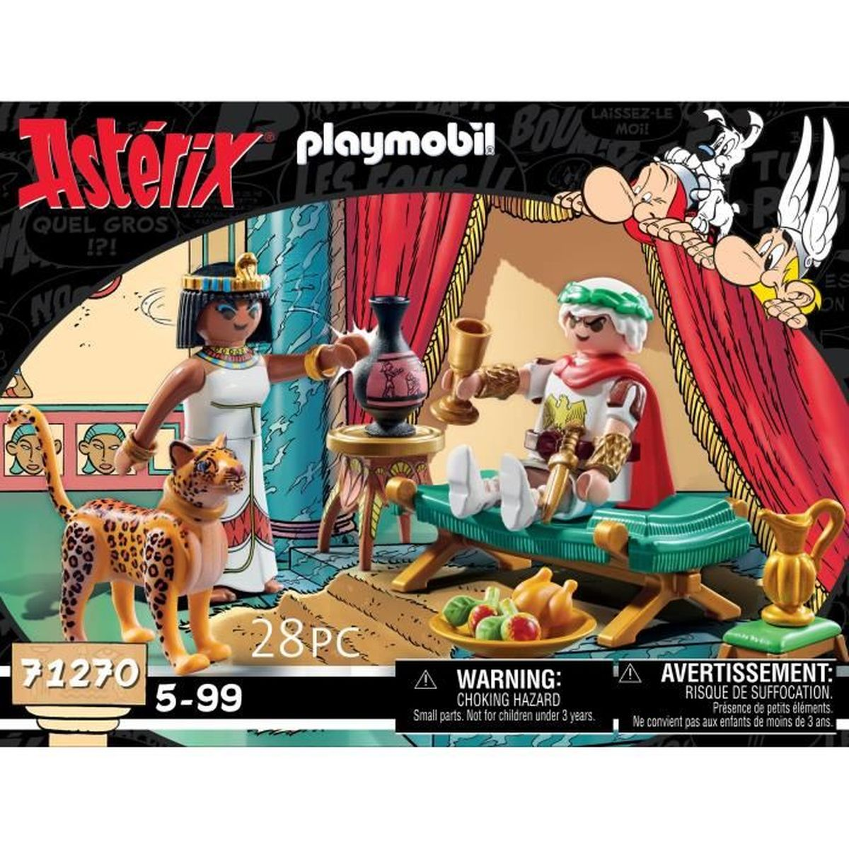Playmobil Asterix set. Bevat figuren, een luipaard en een scène met een rood gordijn en etenswaren.