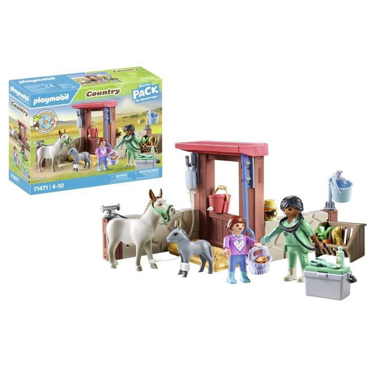 Playmobil Country Starter Pack con personaggi, cavalli e accessori. Un set scatola è esposto con i giocattoli allestiti.
