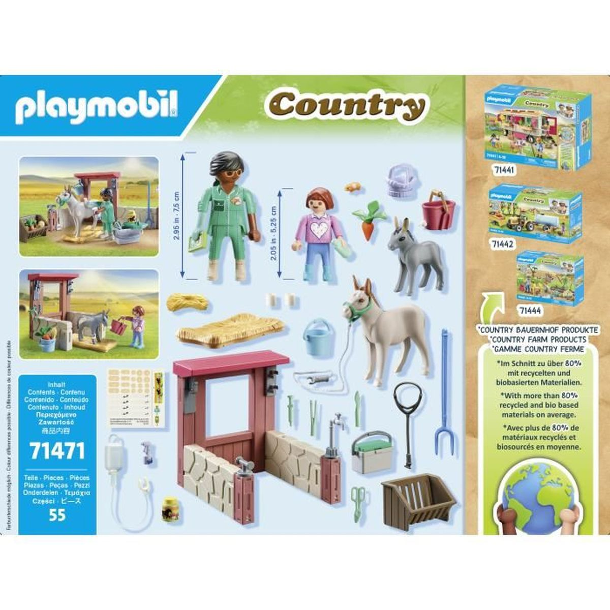 Set Playmobil Country. Include personaggi, animali, strutture agricole e accessori. Le scatole mostrano altri set.