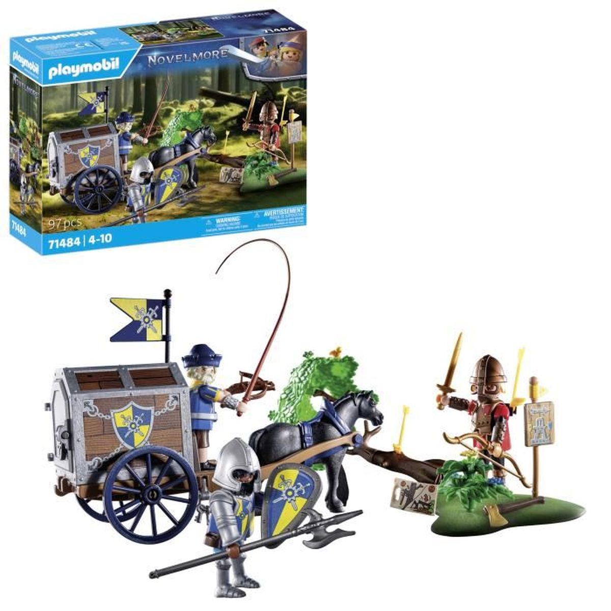 Playmobil Novelmore Set. Enthält Spielfiguren, einen Pferdewagen und einen Ritter mit Waffen. Das Set befindet sich auf weißem Hintergrund.