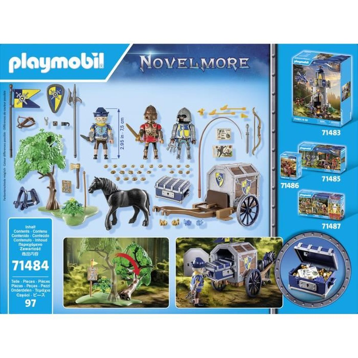 Playmobil Novelmore Set: Figuren, Pferd, Wagen, Truhe, Baum und Kisten. Enthält Ritter und Zubehör. Blaue und braune Farben.
