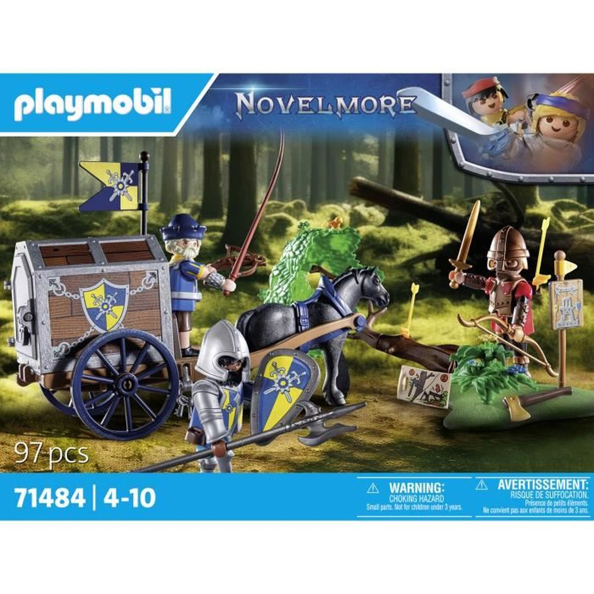 Playmobil Novelmore Set. Figuren mit Schwertern, Schilden und einem Pferdekarren vor Waldkulisse.