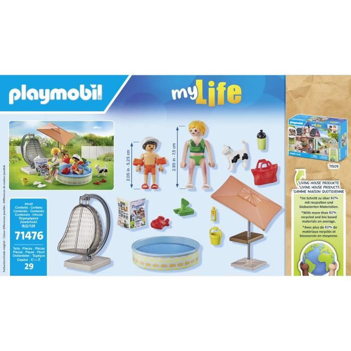 Playmobil myLife set: figuren, zwembad, hond, parasol en accessoires. Tekst in meerdere talen en productdetails.