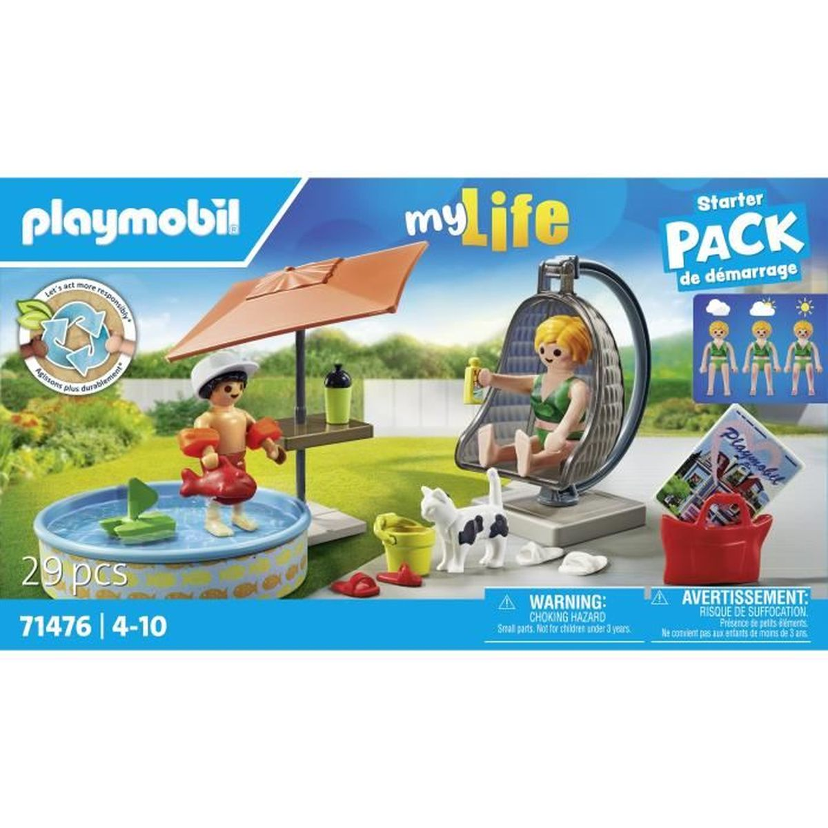 Playmobil My Life starter pack. Bevat figuren, zwembad, schommelstoel, speelgoed, kat en accessoires. Gezellige buitenscène.