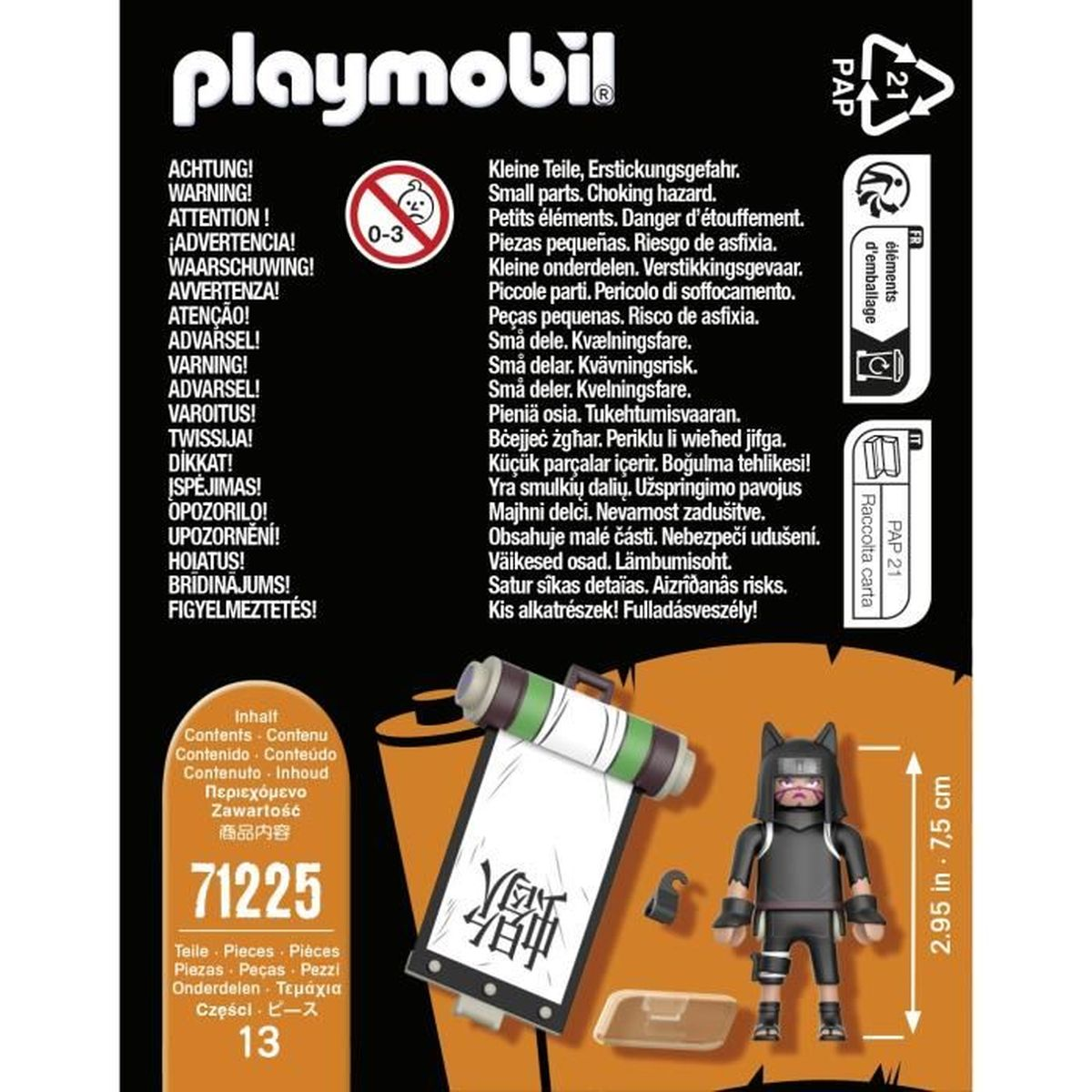 Eine Playmobil-Box mit einer Ninja-Figur. Die Box enthält Warnhinweise, eine Figur und Text in mehreren Sprachen.