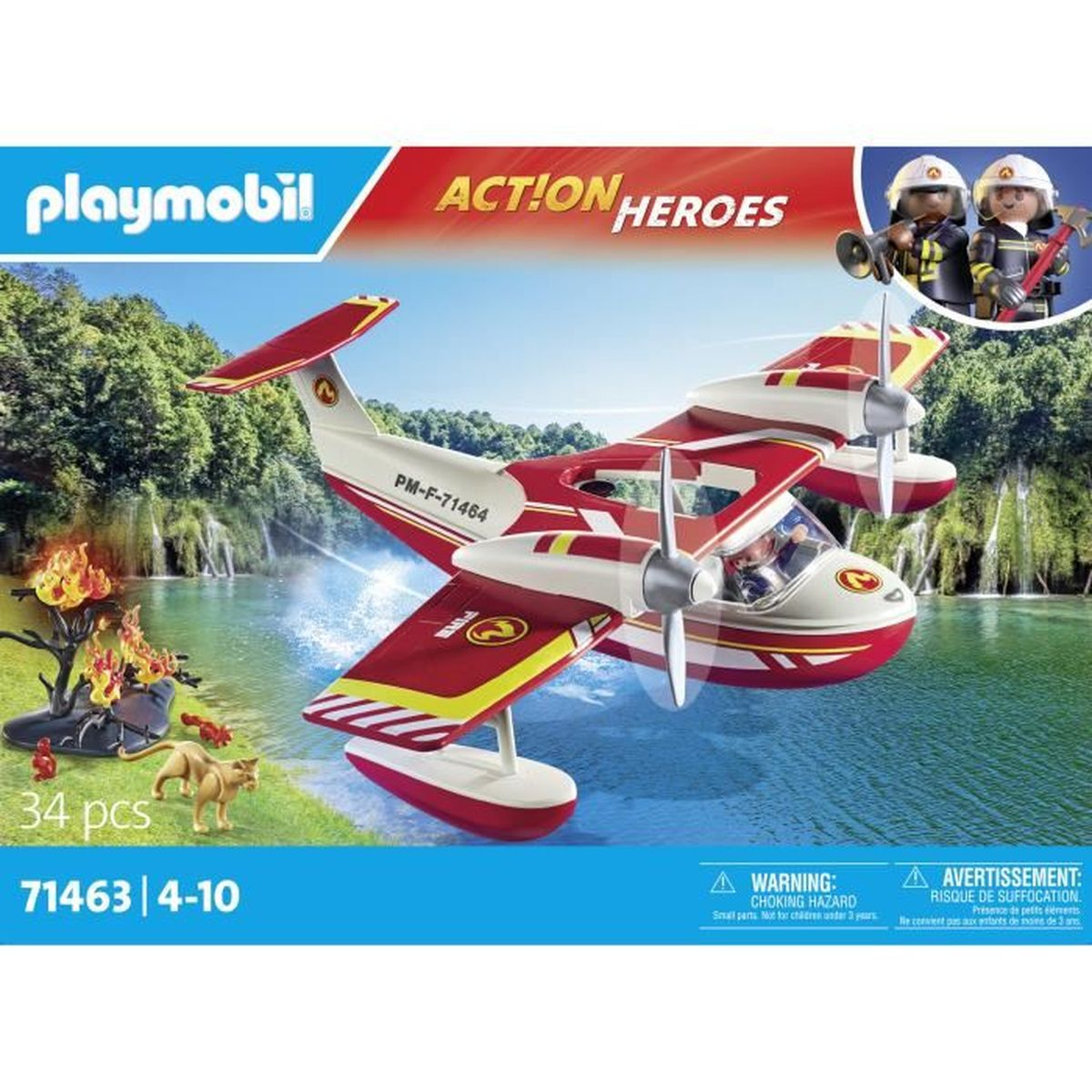 Zestaw Playmobil Action Heroes z czerwono-białą łodzią latającą. Zawiera figurki strażaków, ogień i zabawkę kota.