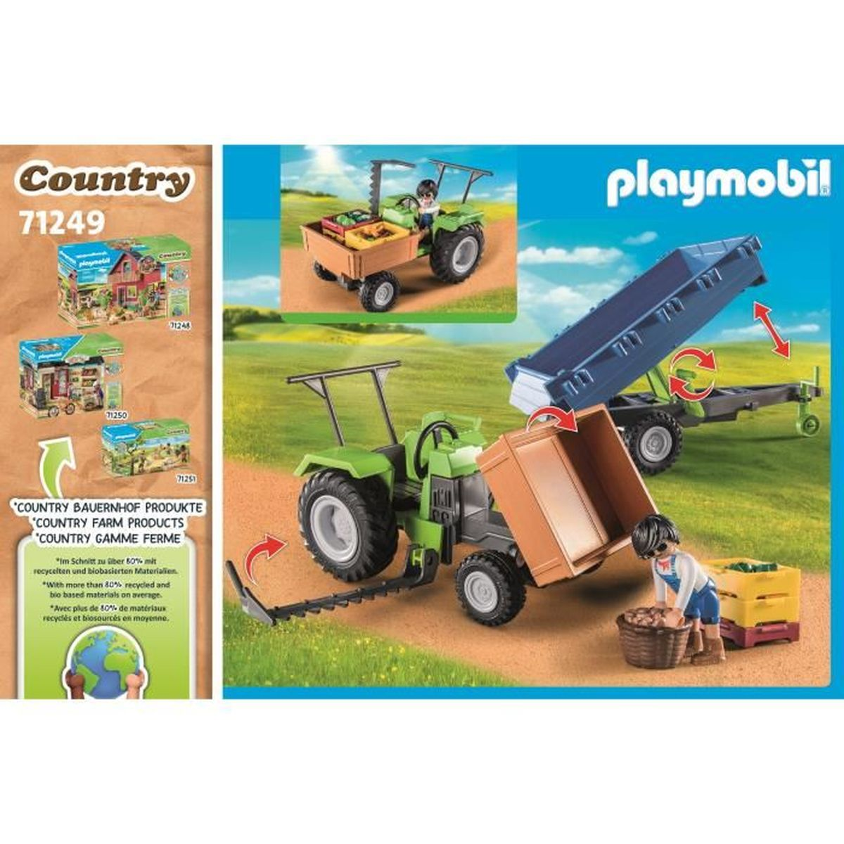 Playmobil-Bauernhofszene mit Traktoren, Figuren und Kisten. Grüner Traktor im Vordergrund, blauer Anhänger im Hintergrund.