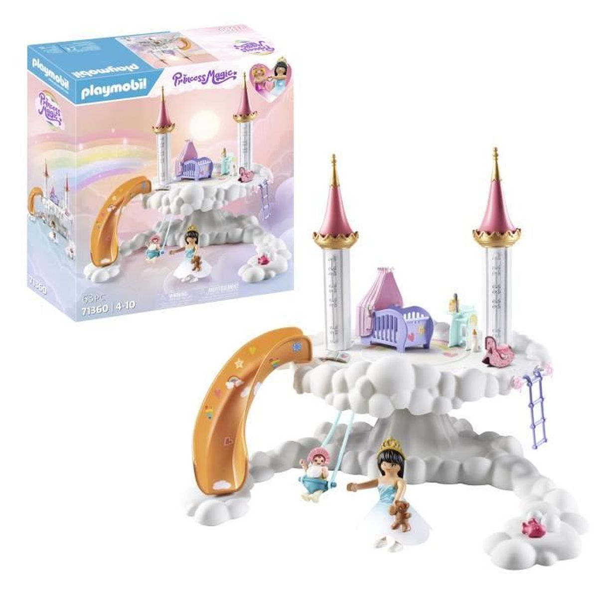 Un playset a tema principessa con un castello sulle nuvole, uno scivolo, altalene e personaggi principessa. Anche la scatola è visibile.