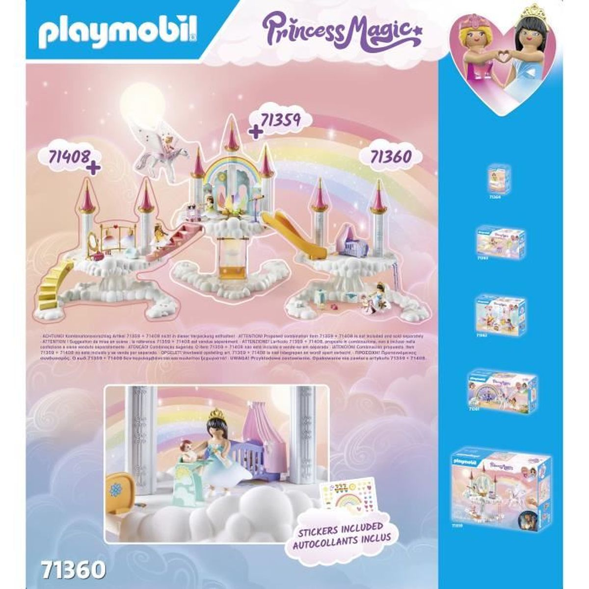 Set Playmobil Princess Magic. Include castello, personaggi e accessori, su sfondo bianco con arcobaleno.